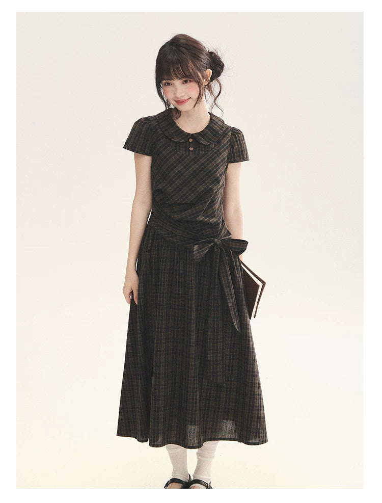 "Vintage Scholar" Black Brown Plaid Bow Tie Peter Pan Collar Maxi Dress