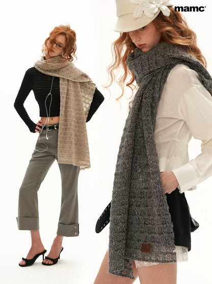 MAMC - Textured Wave Knit Scarf Shawl (Khaki / Gray)