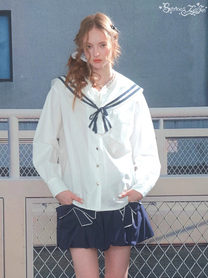 ZiziFei - Navy Collar Lace-Trimmed Long Sleeve Blouse