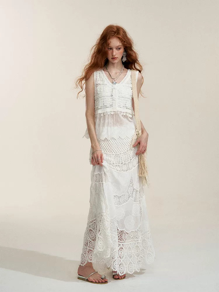 White Floral Embroidery Crochet-Detail Blouse