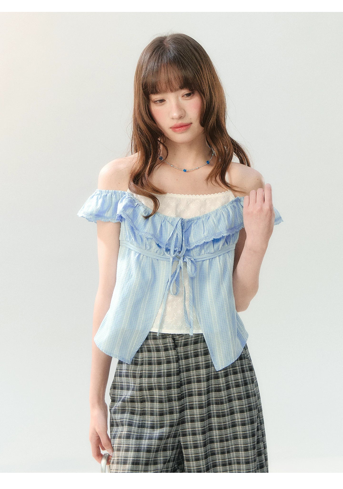 "Blue Mist Academy" Embroidered Off-Shoulder Layered Blouse SH2026204