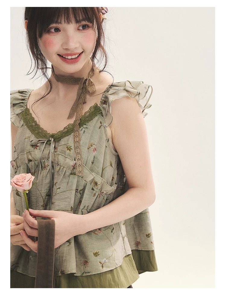 "Enchanted Forest" Moss Green Floral Lace Ruffle Cami Top