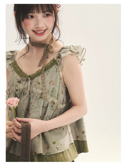 "Enchanted Forest" Moss Green Floral Lace Ruffle Cami Top