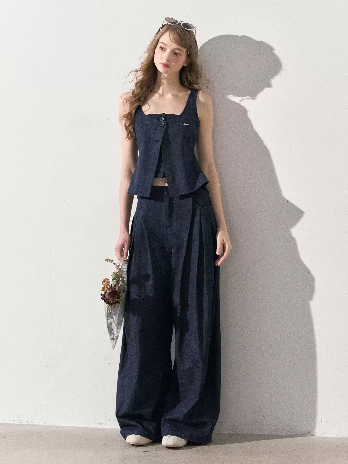 "Season of Ease" Vintage Navy Faux Denim Vest & Wide-Leg Pants Set