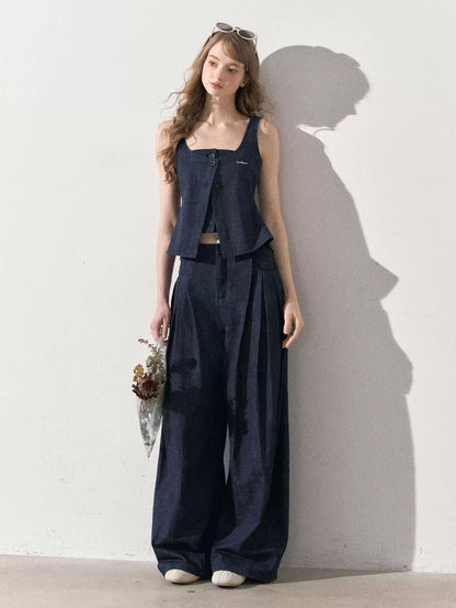 "Season of Ease" Vintage Navy Faux Denim Vest & Wide-Leg Pants Set