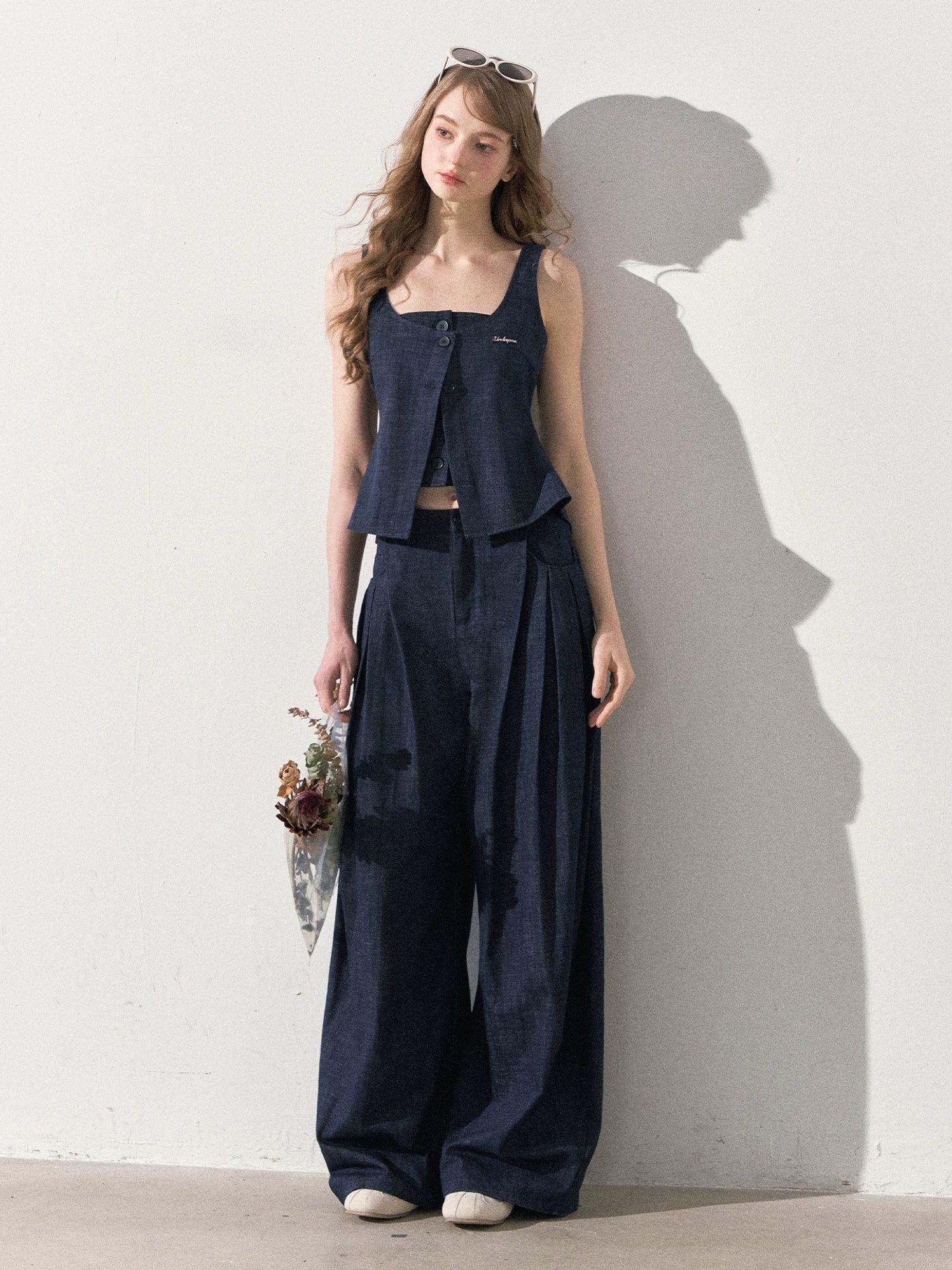 "Season of Ease" Vintage Navy Faux Denim Vest & Wide-Leg Pants Set
