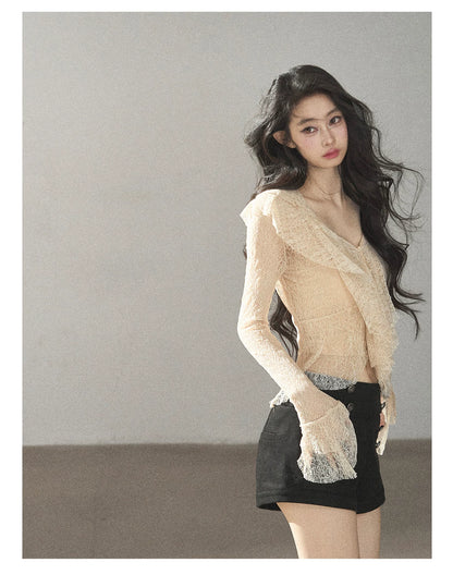 AOMALM - Lace Top – French Ruffle V-Neck Cropped Style