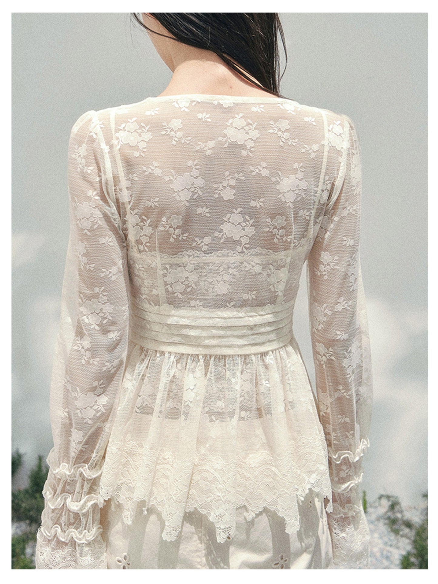 少也眼 “Lace’s Fading Dream” Sheer Lace V-Neck Cinched Top 53663788558