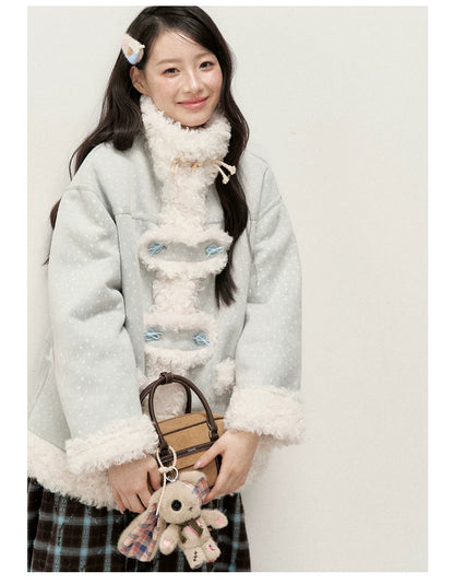 RF - Mist Blue Bow Print Suede-Look Jacket with Cream Curly Faux Fur Trim