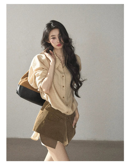 AOMALM - "Autumn Botanicals" Amber Yellow Striped Shirt & Wrap Faux Half-Skirt Set