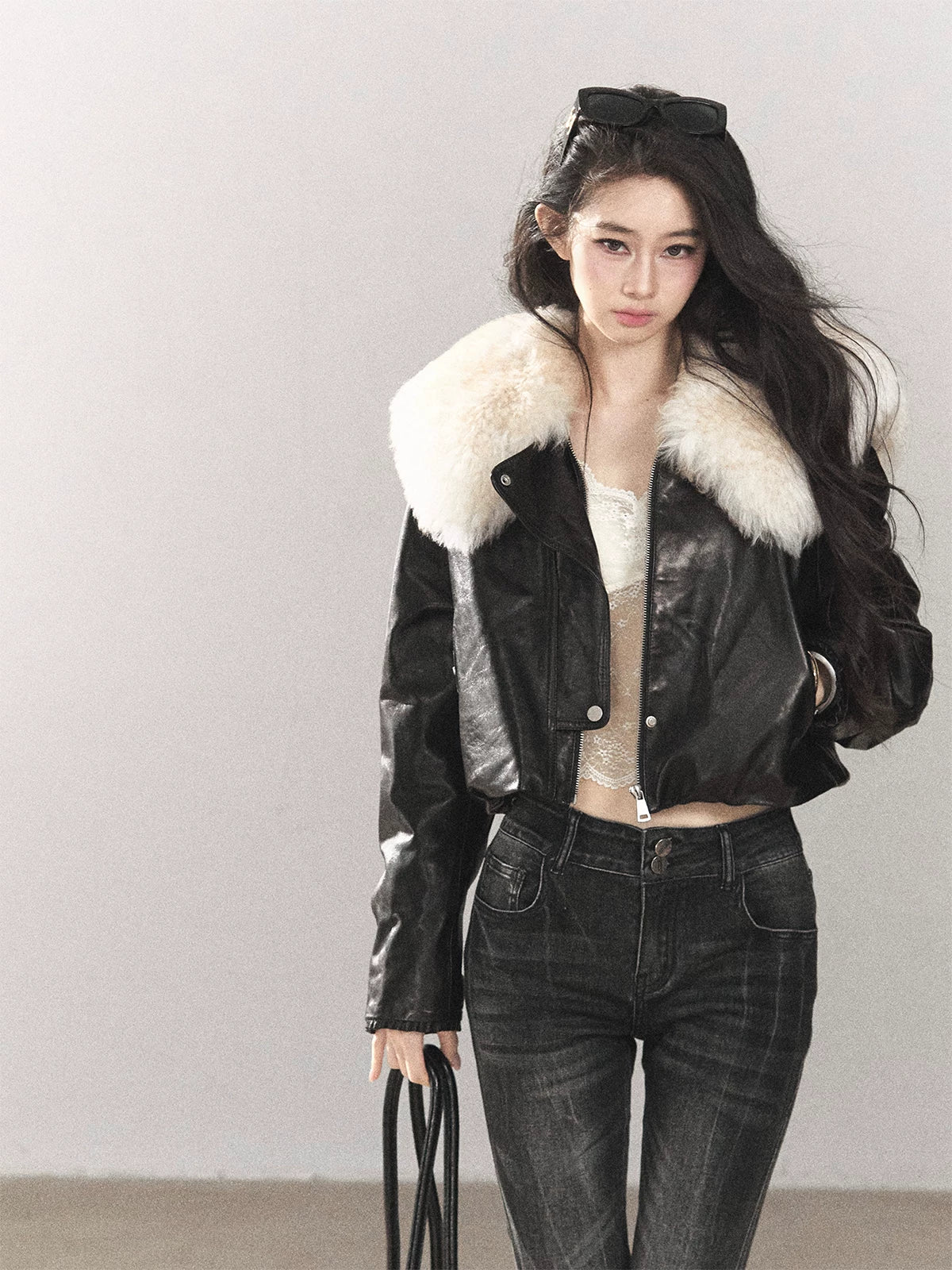 AOMALM - Black Lambskin Leather Goose Down Jacket