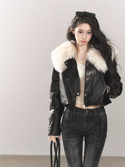 AOMALM - Black Lambskin Leather Goose Down Jacket