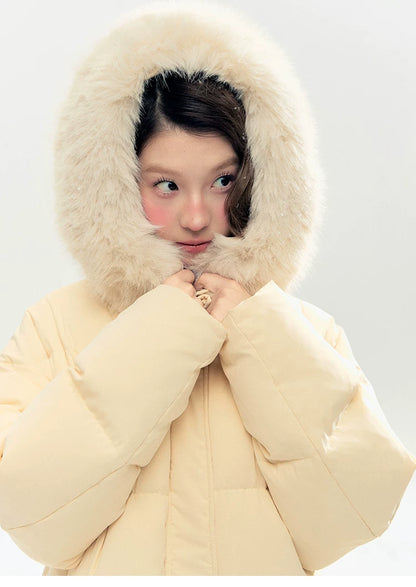 "Butter Soufflé" Vanilla Butter Hooded Mid-Length Down Coat with Faux Fox Fur Trim