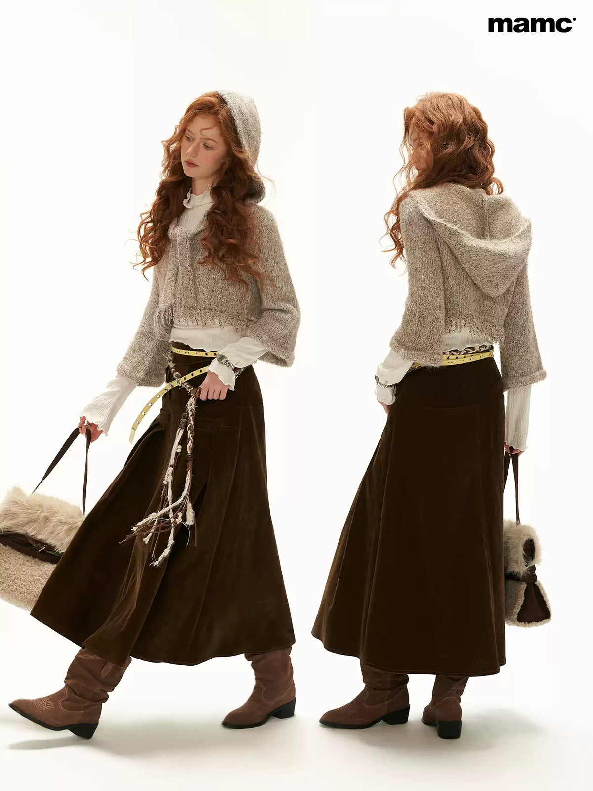 MAMC - Khaki Textured Hooded Knit Sweater with Flare Sleeves