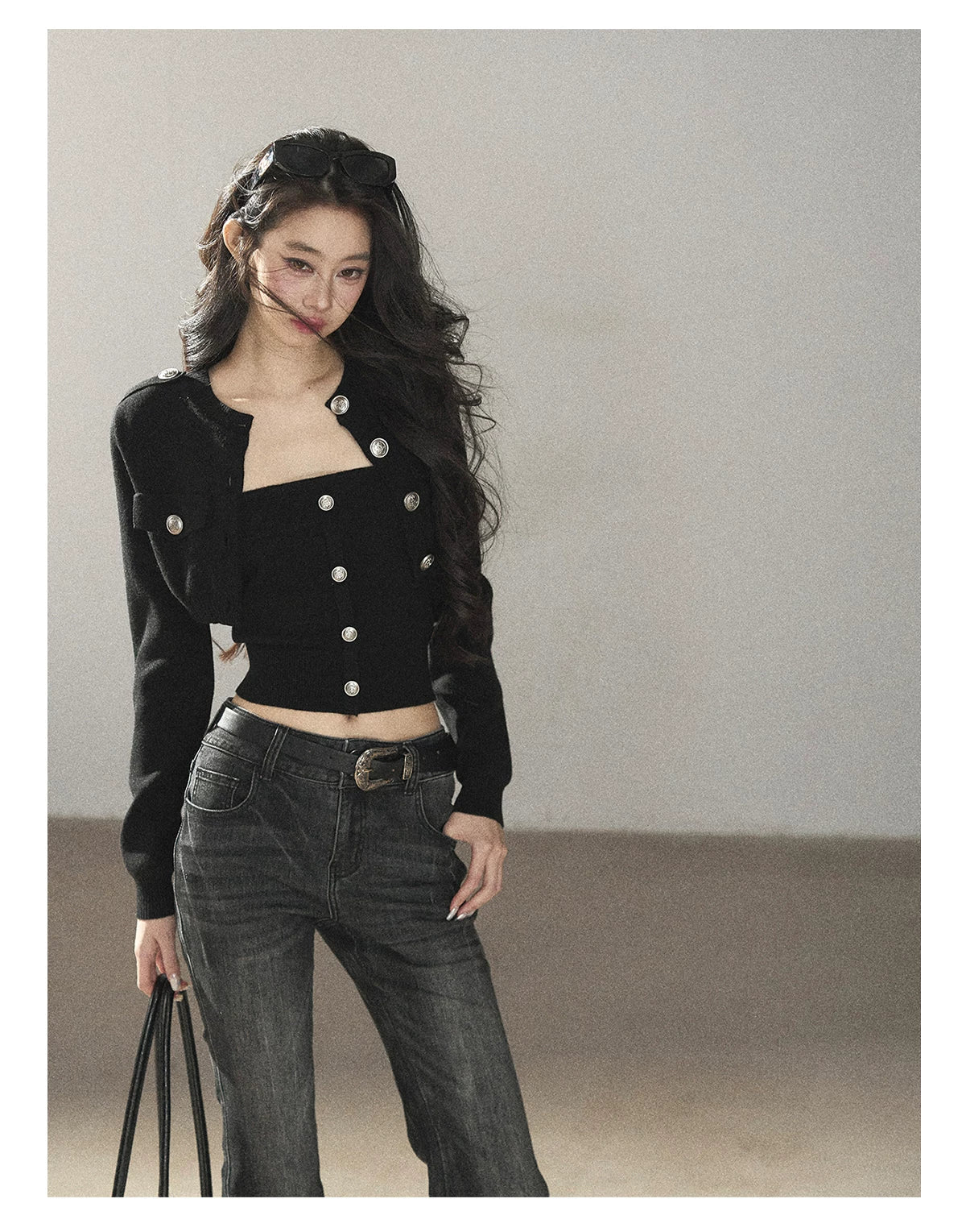 AOMALM - "You in the Night Sky" Black Cropped Knit Cardigan & Bandeau Set