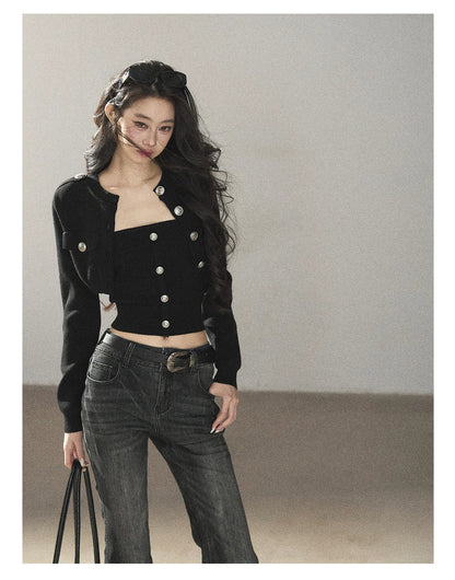 AOMALM - "You in the Night Sky" Black Cropped Knit Cardigan & Bandeau Set