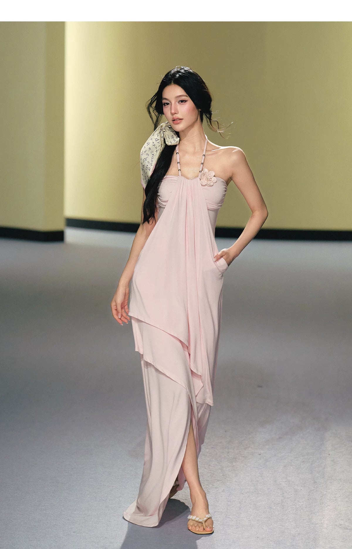 "Moonlit Reverie" Halter Layered Maxi Dress (Black/ Blush Pink)