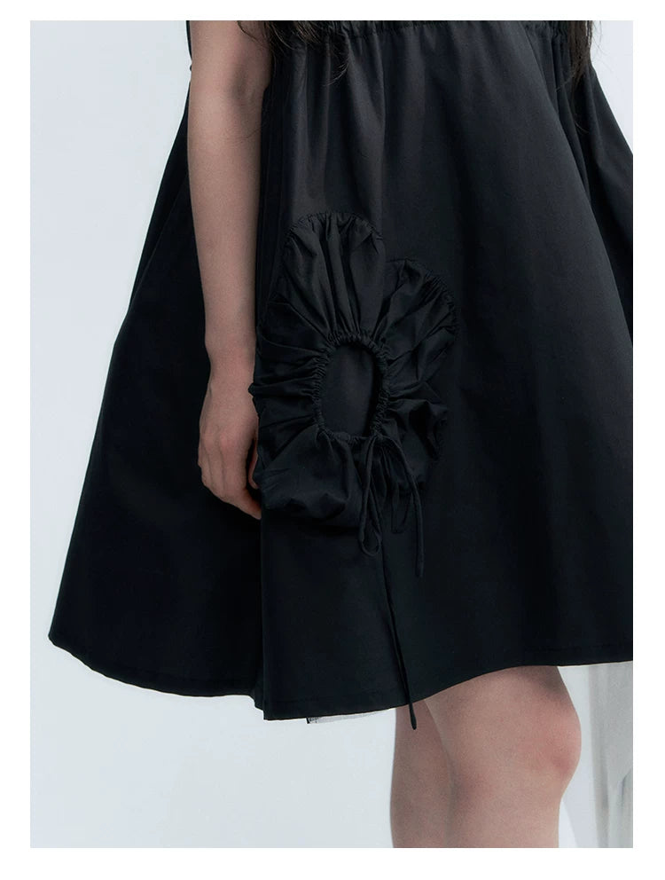 "Puff Doll Dress" Ruffle Trim Puff Sleeve Cotton A-Line Dress (White/ Black)