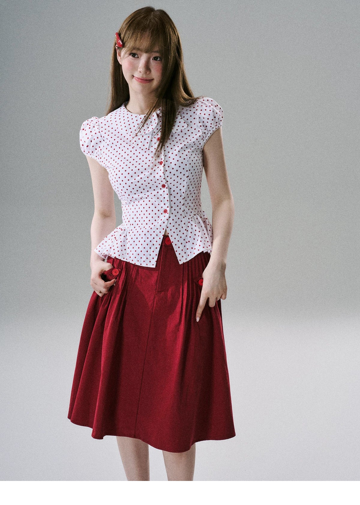 LOST FOREST - White & Red Polka Dot Asymmetrical Cotton Blouse