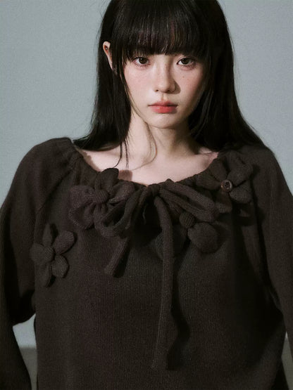 LOST FOREST - Deep Brown Japanese Sweet Girl Handmade Floral Knit-Texture Sweatshirt