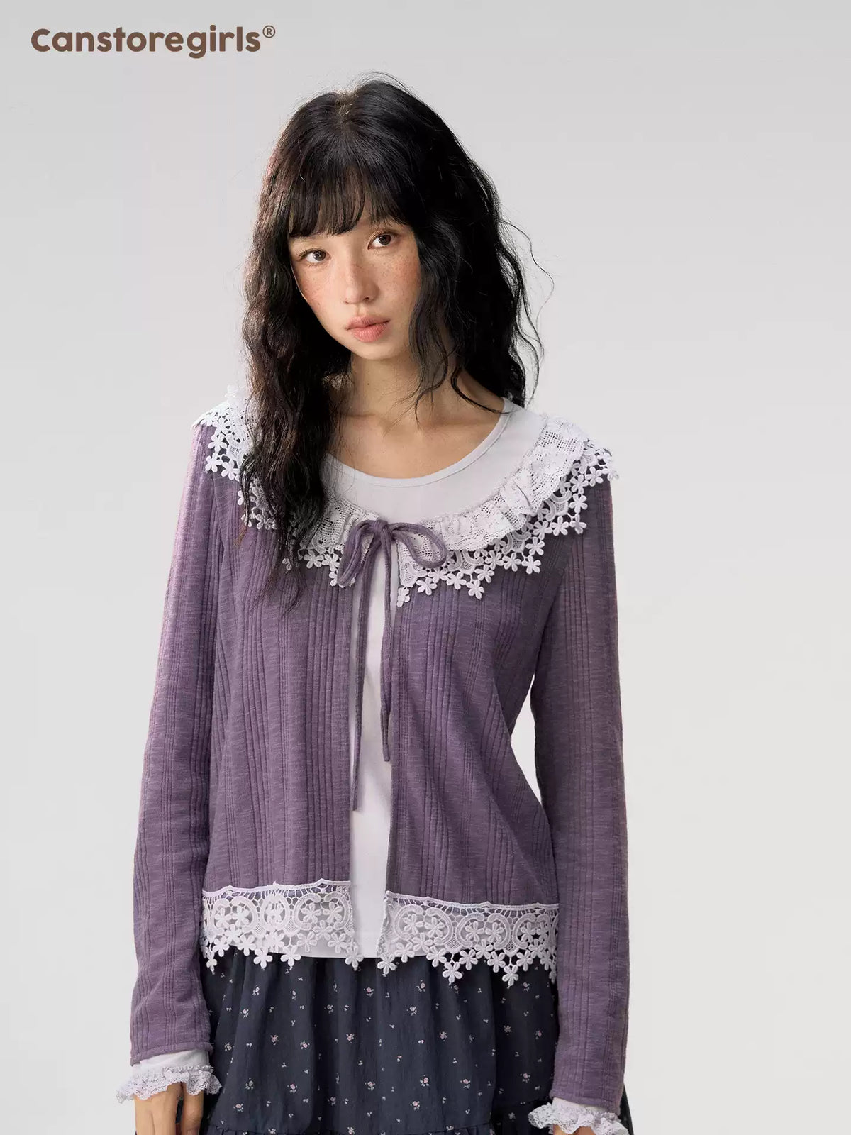 [CAN] “Rose in Bloom” Lavender Knit Cardigan & Floral Skirt 3-Piece Set