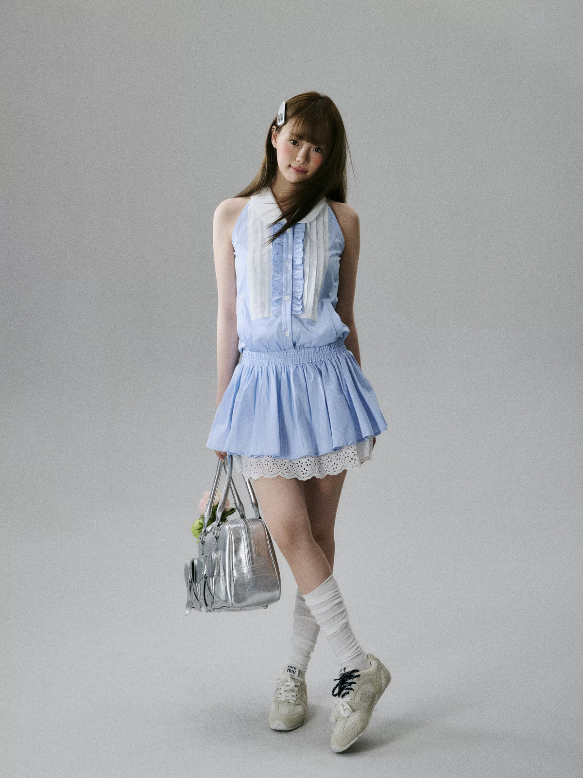 LOST FOREST  - Blue Striped Lace-Trim Halter Dress with Elastic Waist