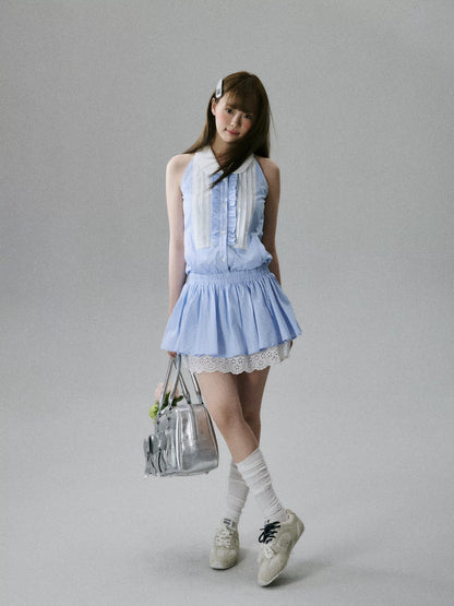 LOST FOREST  - Blue Striped Lace-Trim Halter Dress with Elastic Waist