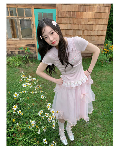 [RF] “Peach Petal Reverie” Peach Pink Doll Collar Top & Tulle Skirt Set
