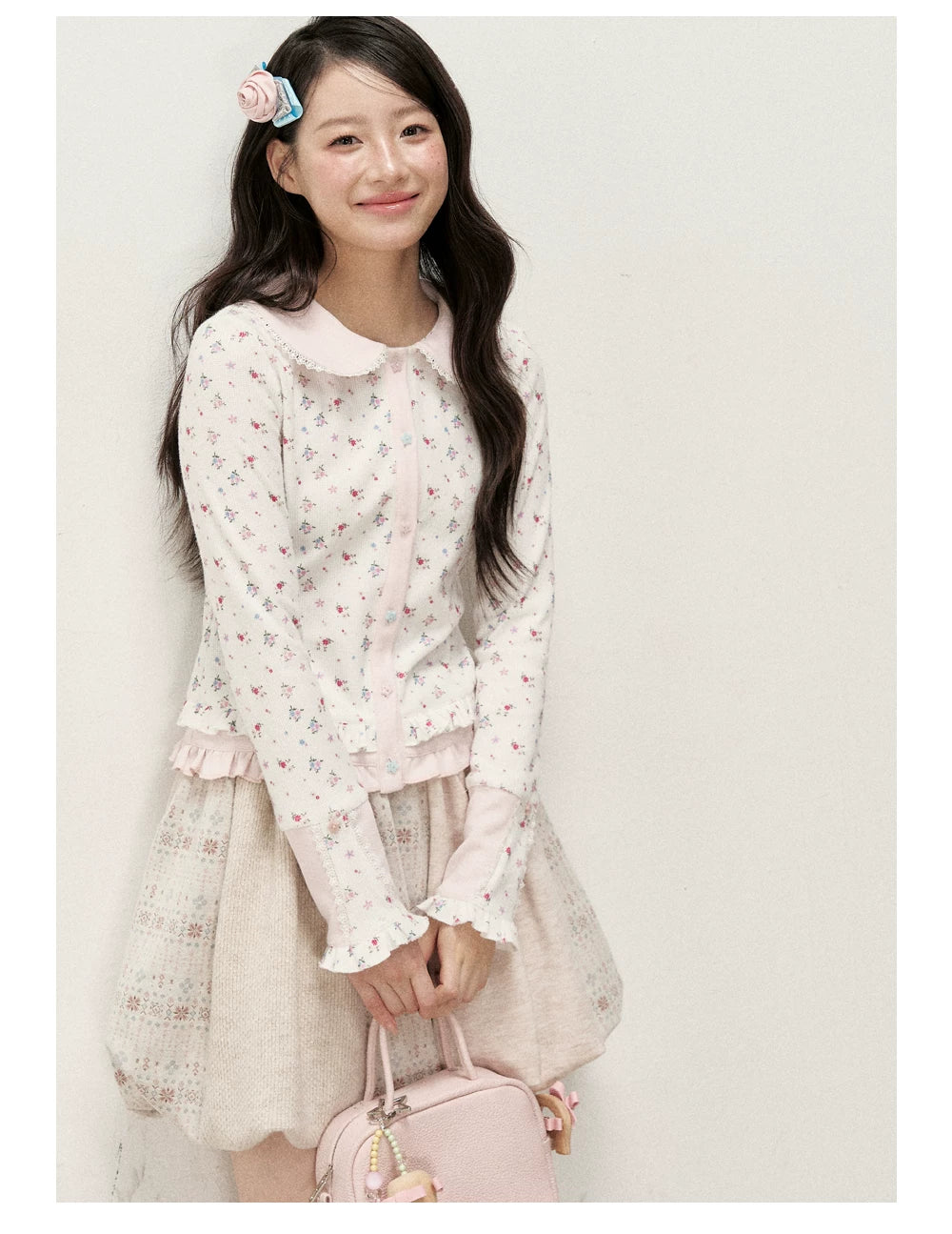 [RF] Vintage Floral Patchwork Knit Bubble Skirt in Blush Pink
