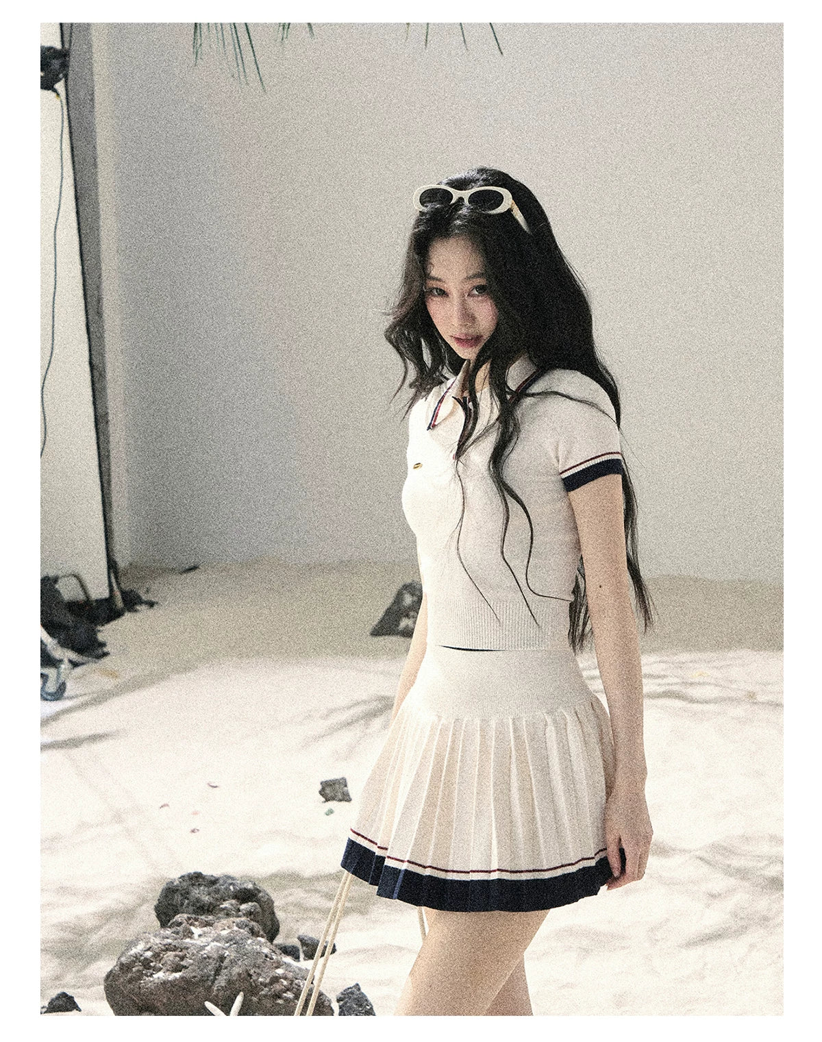 "Moonlight in Pieces" Cloud White Ribbed Knit Top & Pleated Mini Skirt Two-Piece Set