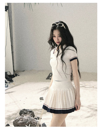 "Moonlight in Pieces" Cloud White Ribbed Knit Top & Pleated Mini Skirt Two-Piece Set