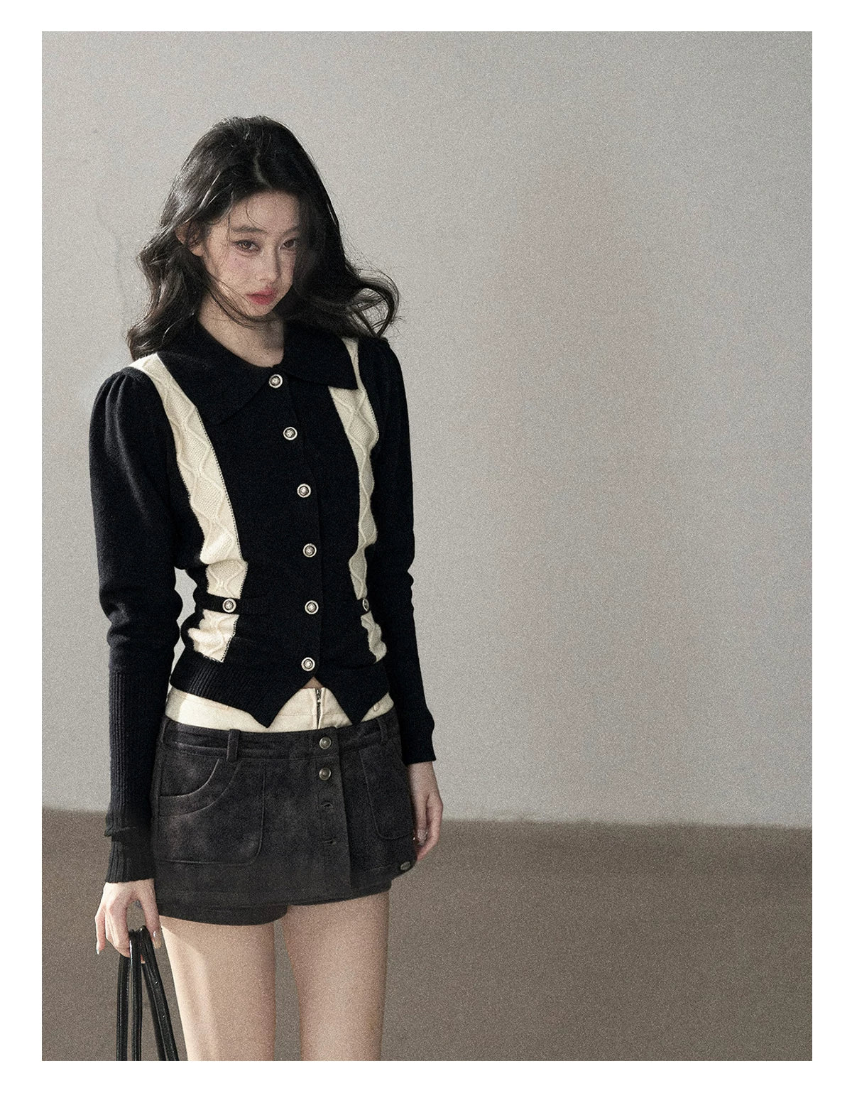 AOMALM - "Nocturne of Pine & Cypress" Black & White Contrast Knit Cardigan with Notched Collar