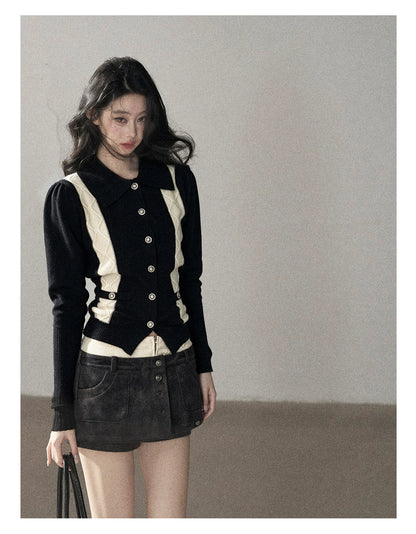 AOMALM - "Nocturne of Pine & Cypress" Black & White Contrast Knit Cardigan with Notched Collar
