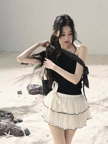 "Morning Dew & Evening Breeze" Midnight Black One-Shoulder Polka Dot Crop Top