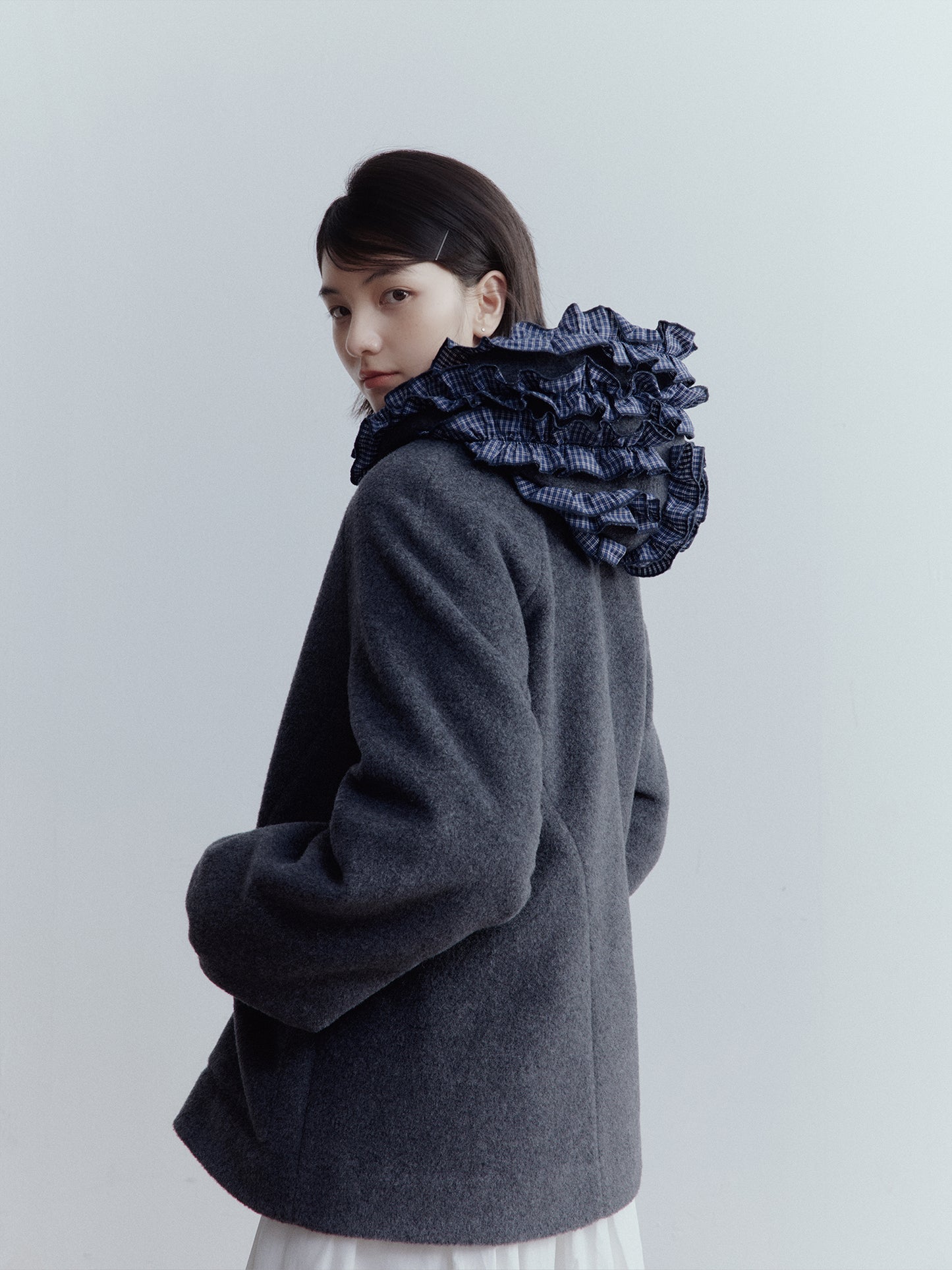 FUSSED Strange Circus Wool Hooded Ruffle-Trim Coat in Deep Heather Grey FOF-25SS137