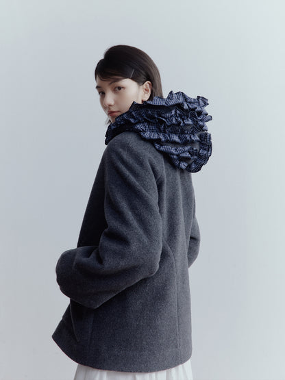 FUSSED Strange Circus Wool Hooded Ruffle-Trim Coat in Deep Heather Grey FOF-25SS137