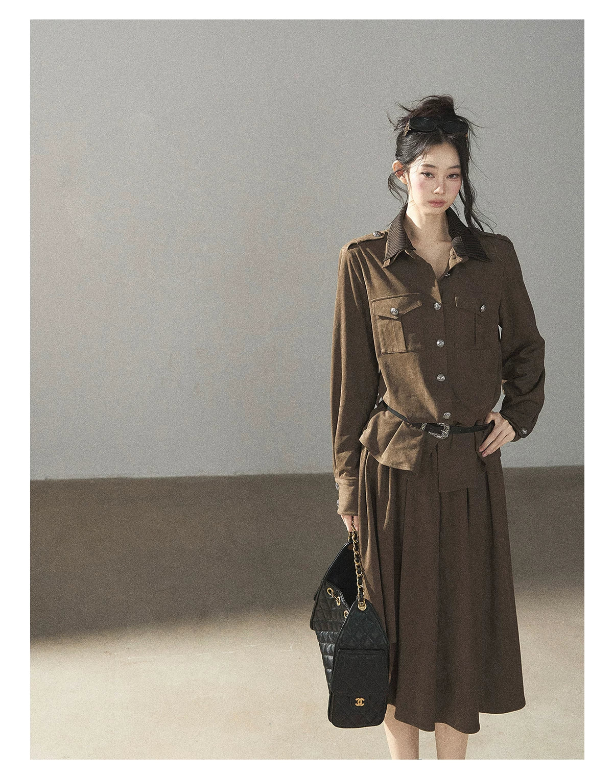 AOMALM - Terracotta Brown Shirt & Pleated Mini Skirt Set (With Belt)