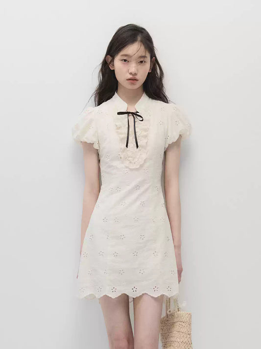 White Embroidered Lace A-Line Dress with Puff Sleeves & Black Bow