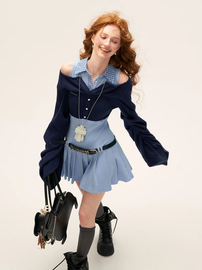Blue Layered Collar Waist-Cinch Shirt Dress