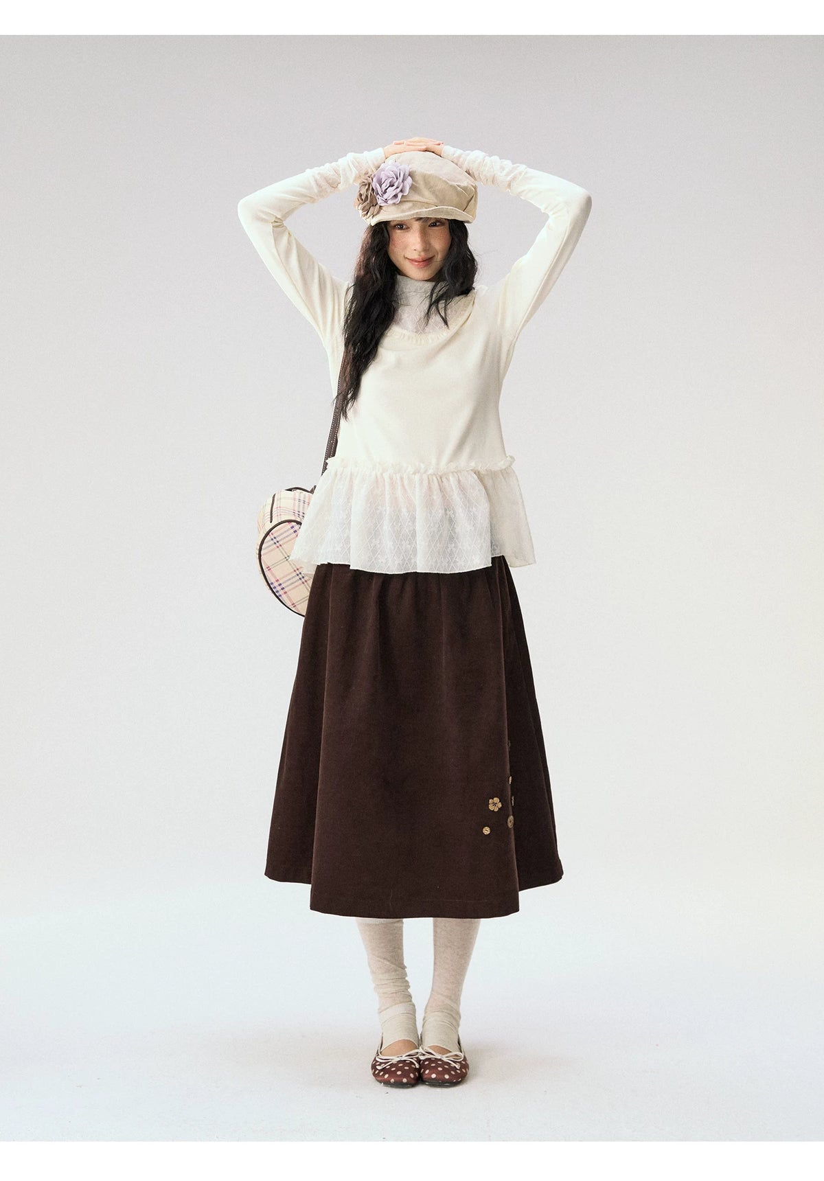 [CAN] “Cream Cloud” Ivory Lace Ruffle High-Neck Top