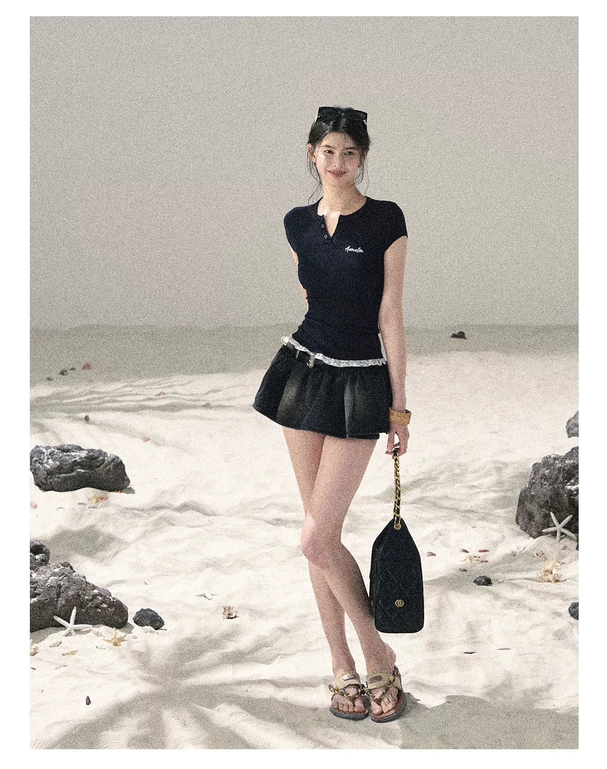 "Letter from the Tides" Navy Blue Faux Two-Piece Lace Waist-Fit Crop Top 452436
