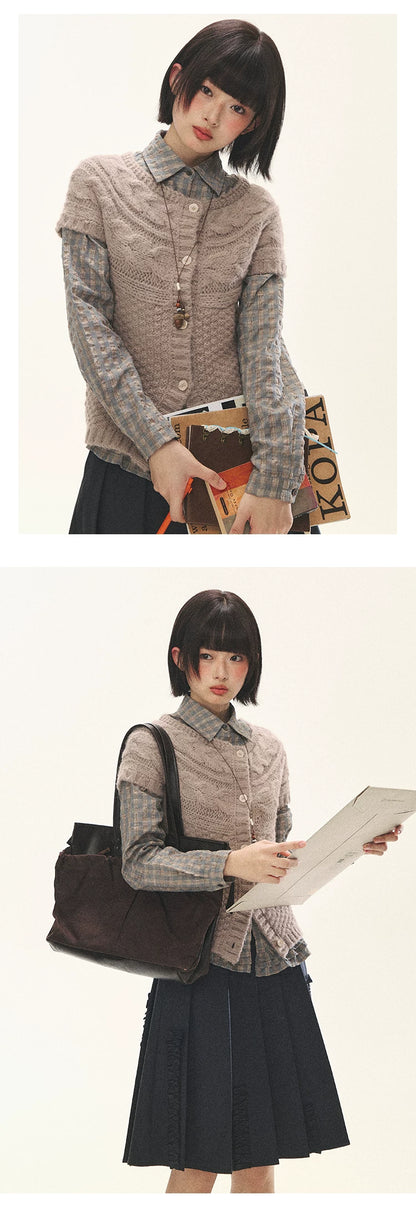 "Rice Knit" Wool-Blend Short Sleeve Knit Cardigan (Moss Coffee Green/ Dusk Dusty Pink)