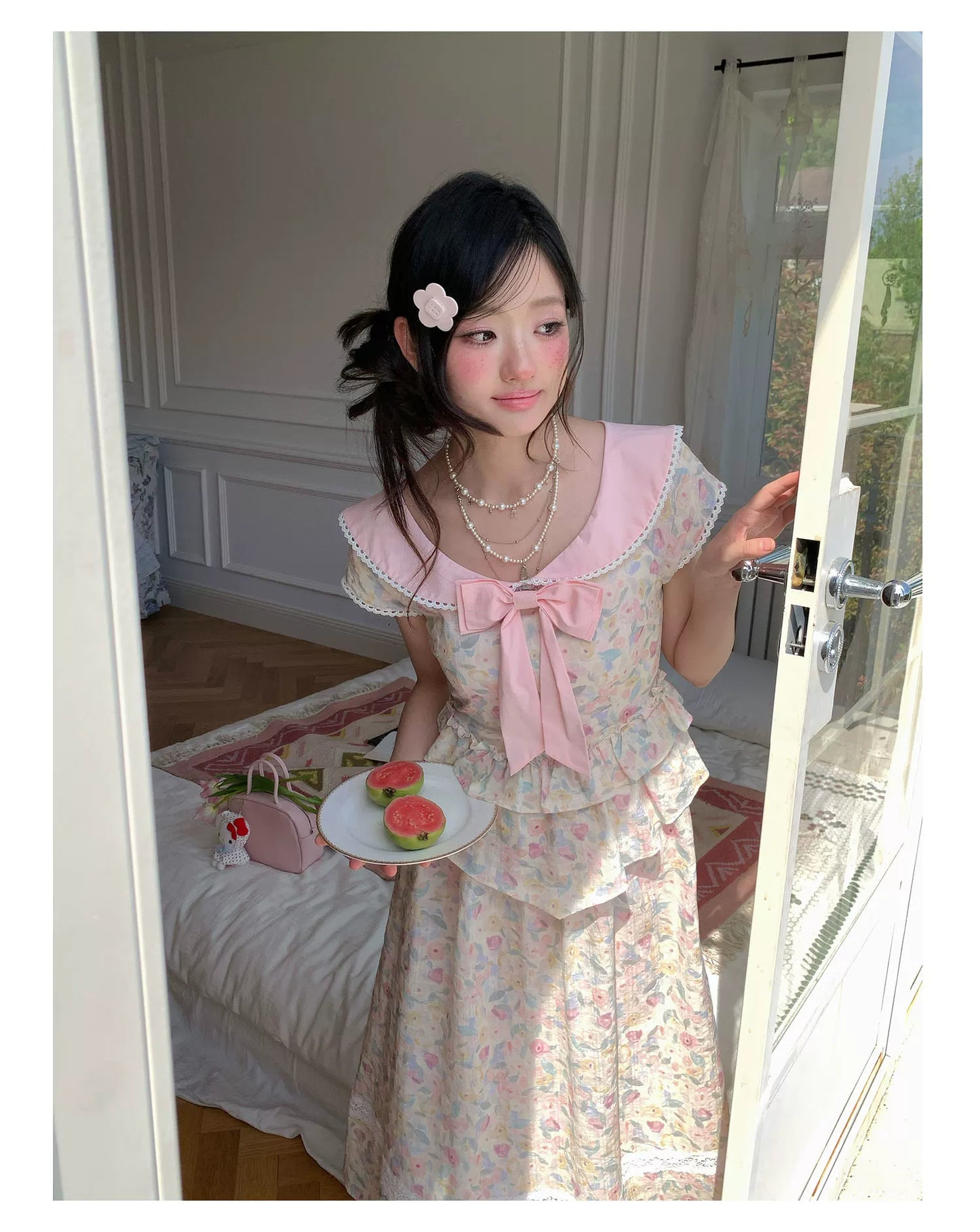 “Peach Blossom Ballad” Pink Floral Lace Maxi Dress