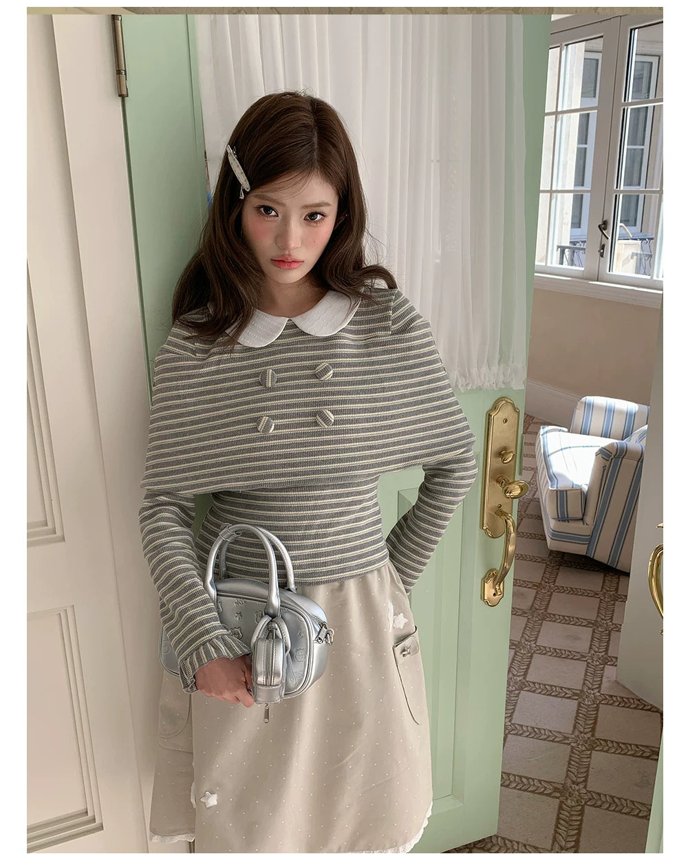 “Misty Sonata” Grey Layered Stripe Knit Top