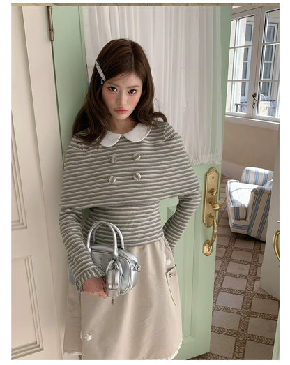 “Misty Sonata” Grey Layered Stripe Knit Top
