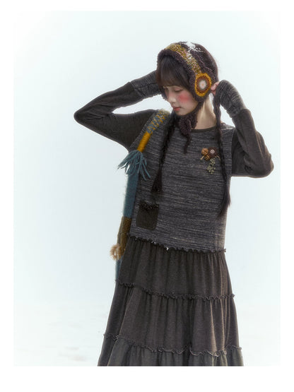 Horridale - Vintage Lace-Trim Long Sleeve Knit Dress – Brown