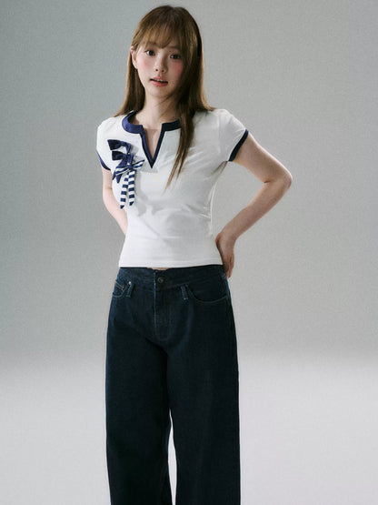 LOST FOREST - Blue & White Bow-Detail V-Neck Fitted T-Shirt