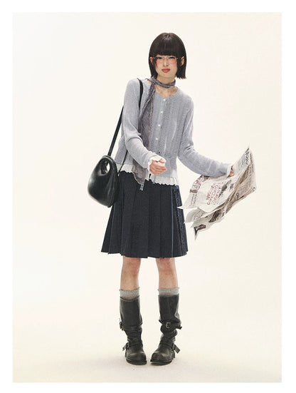 "Wisteria Whisper" Open-Knit Lace Tie Cardigan (Wisteria/ Ivory)