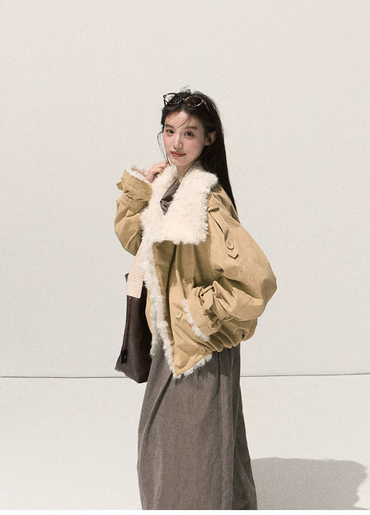 OAKMOO/ Cropped Faux Leather Shearling-Collar Jacket (Rich Black / Hazelnut Khaki)
