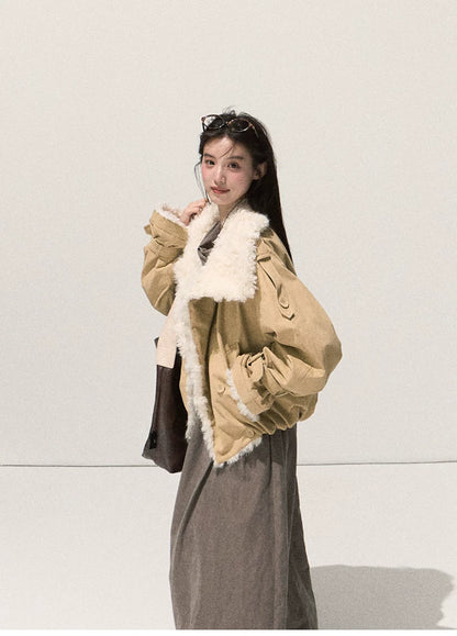 OAKMOO/ Cropped Faux Leather Shearling-Collar Jacket (Rich Black / Hazelnut Khaki)